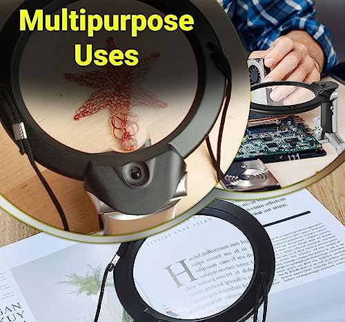 2X Hands Free Chest Rest LED Magnifier for Reading with 6X Spot Magnifying Glasses with Light for Sewing, Hobbies, Crafters, and DIY Projects – Adjustable Stand and Neck Cord for Seniors