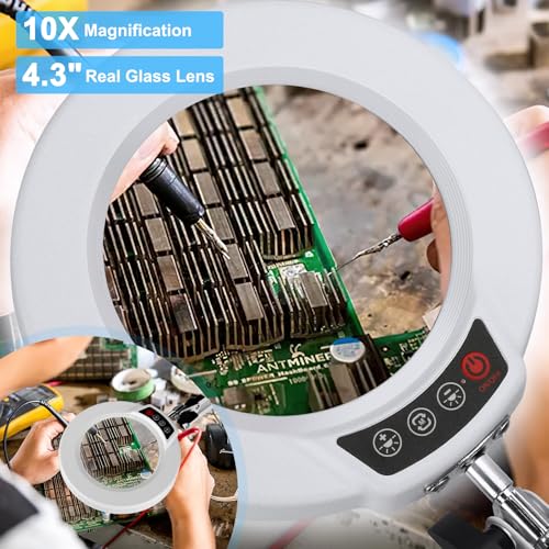 10X Magnifying Glass with Light and Clamp, Real Glass Stand Lighted Magnifier, 5 Color Modes Stepless Dimmable LED Desk Lamp Hands Free for Crafts Hobby Reading Painting Sewing Close Work White - color: White, size: 10X-Regular Arm