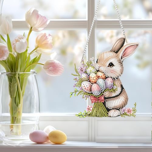 NAIMOER Easter Bunny Diamond Art Hanging Kits for Adults, 5D Special Shaped Rhinestone, DIY Acrylic Spring Diamond Art Painting Window Pendants Home Garden Wall Hanging Ornament Kits, Double Sided - color: Easter 02