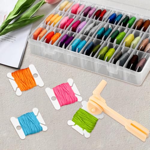 Embroidery Floss Organizer, Cross Stitch Thread Storage Set with 100 Pcs Floss Bobbins, Winder, Marker and Stickers, Removable 24 Compartments Case for Craft DIY Sewing Storage