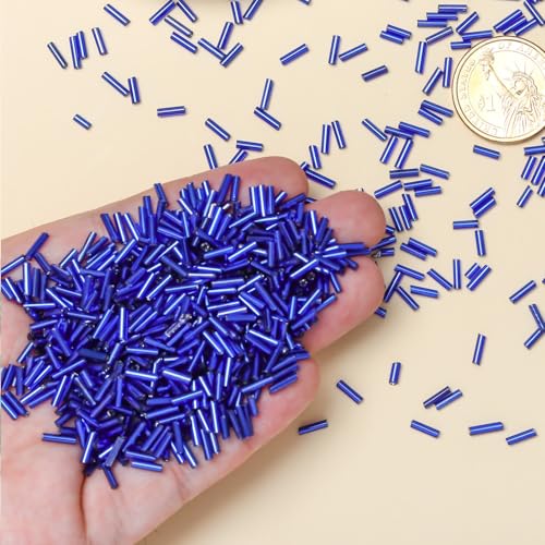 2000pcs Glass Bugle Beads, Tube Beads Bulk, Mini Long Tiny Small Waist Loose Spacer Embroidery Beaded for Bracelets Jewelry Making Sewing, Crafts, 2×6mm, Blue - color: Blue