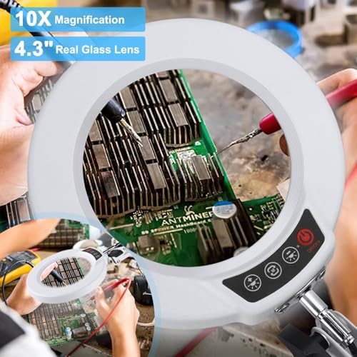 10X Magnifying Glass with Light and Clamp, Real Glass Stand Lighted Magnifier, 2*16 Arm 5 Color Modes Stepless Dimmable LED Desk Lamp Hands Free for Craft Hobby Reading Painting Close Work Large White - color: White, size: 10X 32inch Clamp