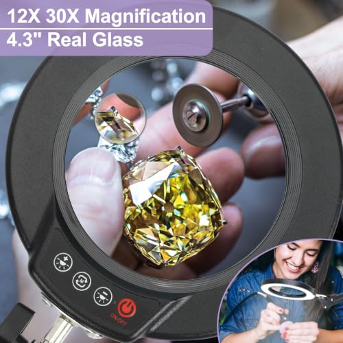 30X 12X Magnifying Glass with Light and Clamp, Real Glass Lens Lighted Magnifier with Stand, 5 Color Modes LED Dimmable Magnifying Desk Lamp Hands Free for Crafts Jewelry Painting Sewing Close Work - color: Black, size: 30X 17.8inch Clamp