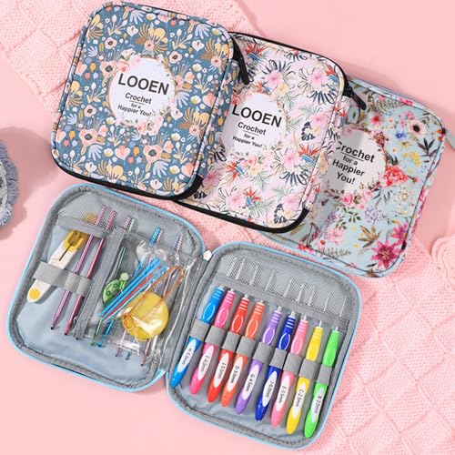 Crochet Hook Case,Portable Zipper Storage Organizer Bag for Crochet Hooks, Knitting Needles, Project & Sewing Supplies, Lightweight,Easy to Hold (No Accessories Included).Pink Flower - color: pink flower