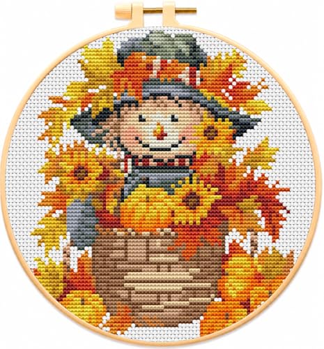 Scarecrow Stamped Cross Stitch Kits for Adults Beginners with Hoop Frame - color: Fall Scarecrow Cross Stitch with Framed