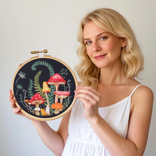 Myfelicity Embroidery Kit with Mushroom Patterns, 3 Hoops, Fabric, Threads, Needles, Instructions (red) - color: red