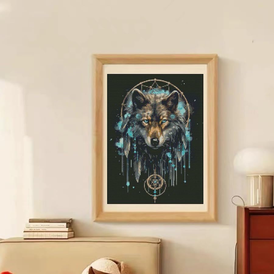 DIY Stamped Cross Stitch Kits Night Wolf Dreamcatcher for Beginners Easy 11CT Needlepoint Embroidery Counted Cross Stitch Kits Art Craft Wall Decoration and Gift 40x50cm(1)