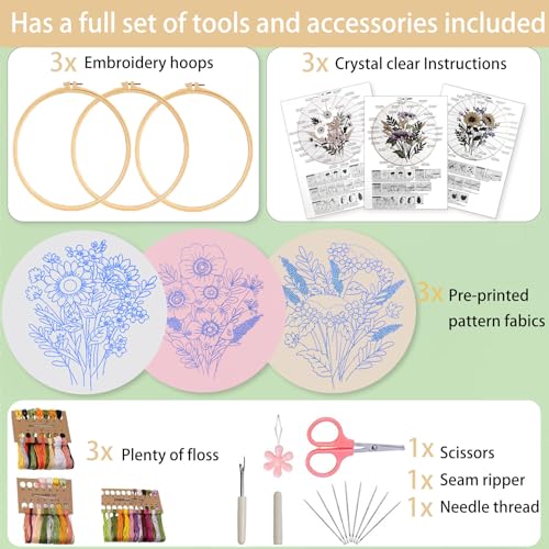 Ohcol 3 Sets Embroidery Kit for Beginners Cross Stitch Kits Needlepoint Kits Crafts for Adults with 3 Embroidery Hoops Easy-to-Follow Operating Instructions,Needle Point Kits with Flowers Patterns - color: Flowers (3 Patterns, 3 Hoops + Extas)