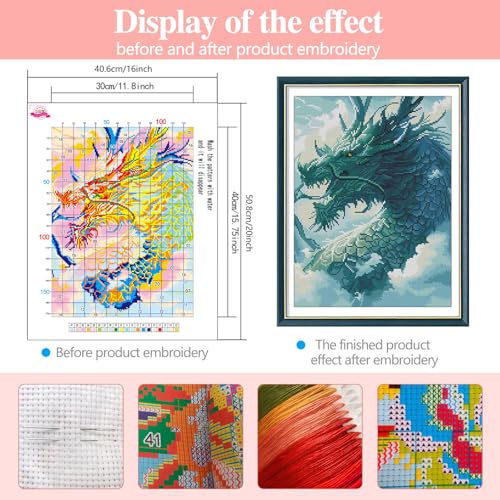 Zhenqing Dragon Stamped Cross Stitch Kit for Beginners, 11CT Printed Full Coverage Blue Green Chinese Dragon Pattern, 40 x 50 cm Fantasy Animal Embroidery Needlework Set, No Hoop Needed - color: Misty Blue Dragon