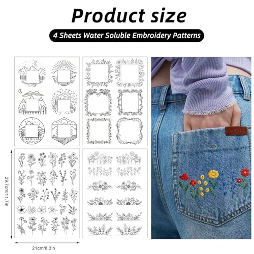 4 Sheets Water Soluble Embroidery Stabilizer,54 Pcs Stick and Stitch Embroidery Patterns,Wash Away Paper with Pre-Printed Floral Designs,Self Adhesive Transfer Paper for Hat Cap Hand Sewing Beginners - size: Pattern: Flower (Style 1)