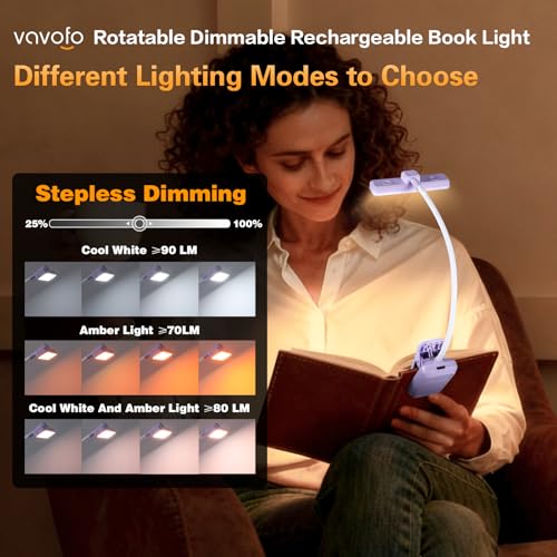 VAVOFO 24 LEDs Rotatable Book Light, Rechargeable Clip Reading Lamp Purple - color: Purple