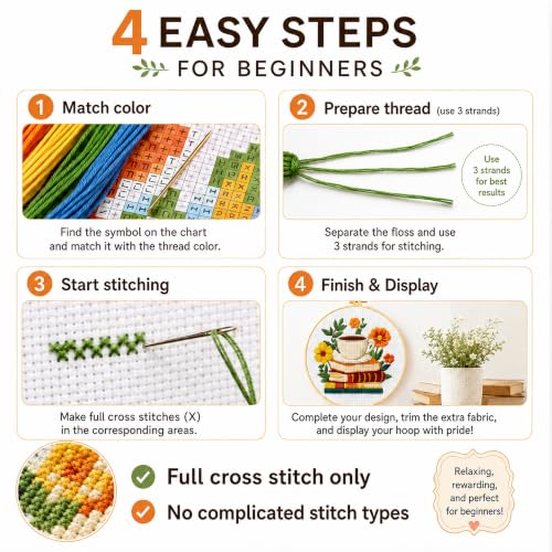 Zhenqing 4 Pack Book Lover Stamped Cross Stitch Kit for Beginners - color: 4 cozy book, flower and bird