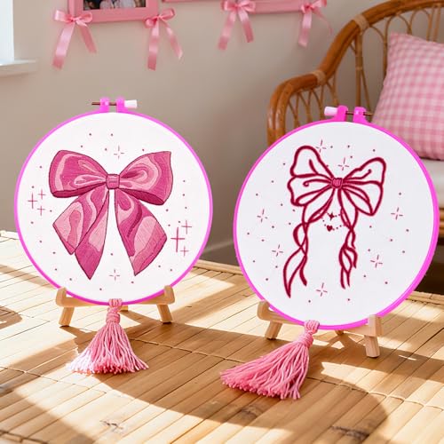 2 Sets Pink Hand Embroidery Kits for Beginners Adults, Cute Bow Embroidery Starter Kits, Cross Stitch Kits for Beginner Needlepoint DIY Kits for Adult, 2 Set Embroidery Hoops, Thread & Video Tutorial - color: Pink