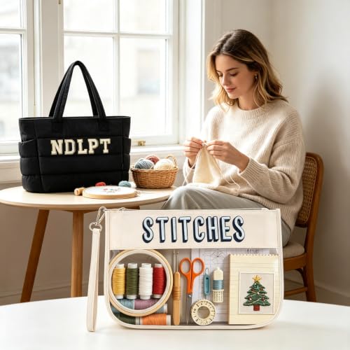 RF REENFAYA Needlepoint Tote Bag with Clear Zipper Pouch-Black/Beige - color: Black/Beige