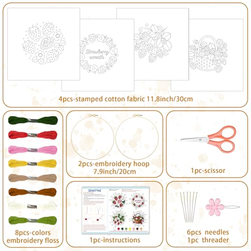 BEUNITONE 4 Set Strawberry Embroidery Kit for Adult Beginners 7.9"x7.9" DIY Stamped Needlepoint Kits with Pre-Printed Designs, Complete Handmade Embroidery Craft for Relaxing Hobby and Home Decor - style: B-Strawberry