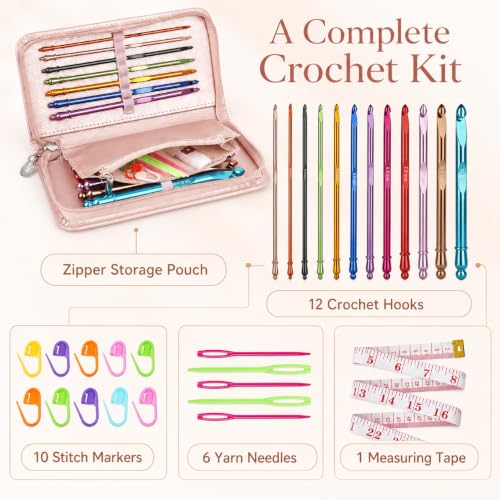 Coopay Crochet Hooks Set with Zipper Pouch, 16PCS Metal Crochet Needles - color: Pink