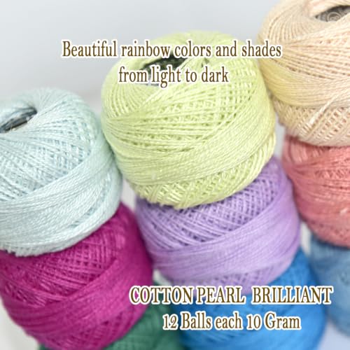 Double Mercerized Egyptian Long Staple Cotton Pearl Thread Ball 10 Grams Rainbow Color 12 Colors per Box for Crochet Hardanger Kniting Hand Sewing,Bright Vivid RainbowPalette - color: Brt Vivid Rainbow Palette