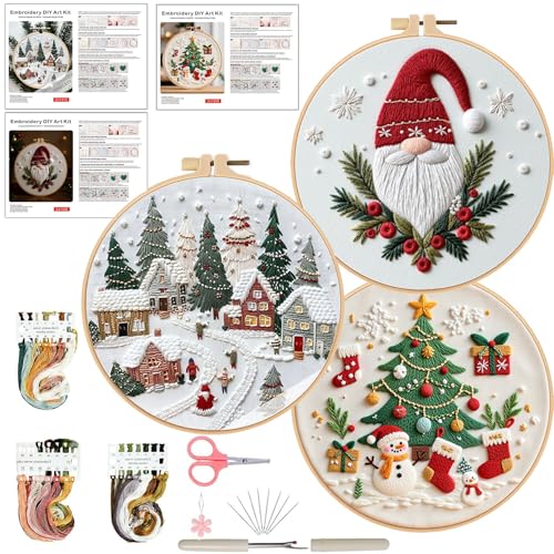 Ohcol 3 Sets Christmas Embroidery Kit,Cross Stitch Kits for Beginners,Needlepoint Kits for Adults with Easy Floral Pattern Hand Crafts,Hoop,Needle - color: Christmas
