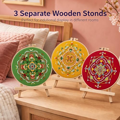 Qupace 3 Pcs Boho Embroidery Kits for Beginners Adults,Red Cross Stitch Sewing Craft Set with 3 Embroidery Hoops & 3 Finished Stands, Floral Pattern Needlework Kit - color: Red