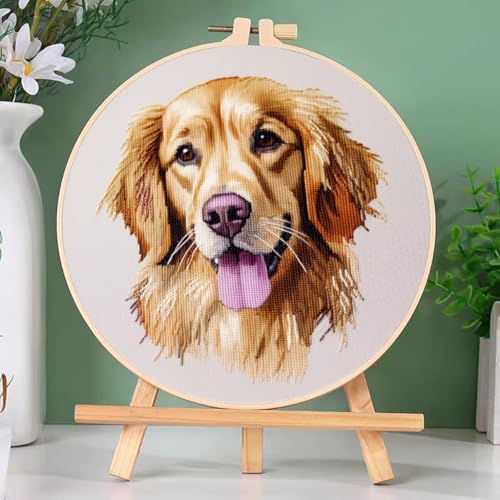 DIY Cross Stitch Kits Golden Retriever with Hoop 20x20cm-1
