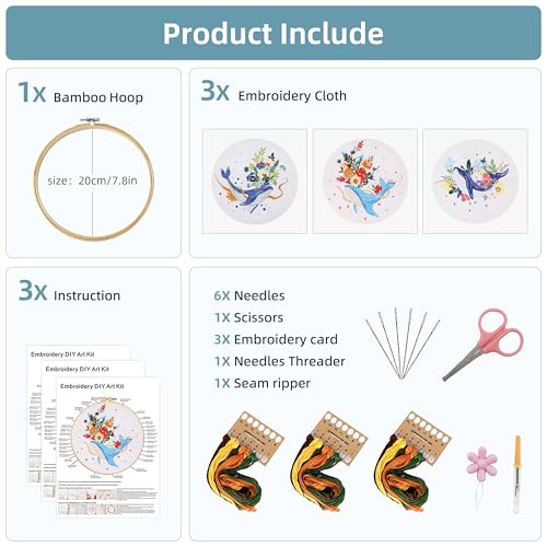 KEKEMEOW 3 Sets Embroidery Kit for Beginners, Stitches with Whale and Flowers, Embroidery Stitch Practice kit for Adults Craft Lover, Cross Stitch Kit with Pattern、Instruction、Hoop - color: whale
