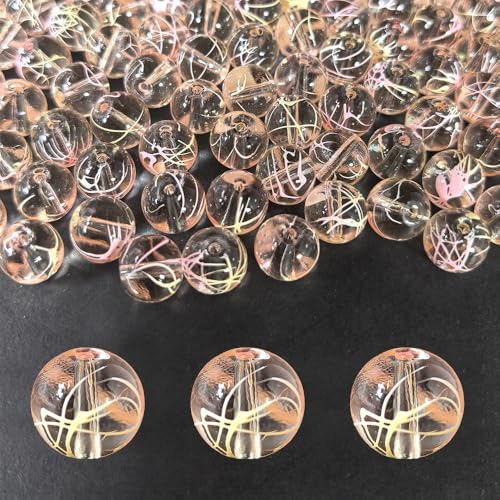 10mm Hand-Drawn Glass Beads Bulk 160pcs Yellow Pink Round - color: Yellow&Pink 10mm