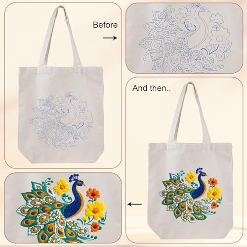 Louise Maelys Peacock Flower Embroidery Kit for Beginners Canvas Tote Bag - color: Peacock