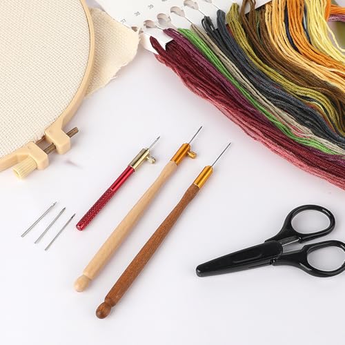 3 Pcs Embroidery Crochet Hook Kit - Wood Handle French Drum Hooks with 9 Needles Tambour Hook Latch Beaded Needle for Embroidery, Sequin Beading, Knitting, DIY Sewing