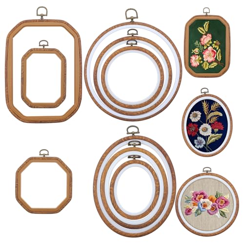 9 Pcs Embroidery Hoops Set Decorative Imitated Wood Display Cross Stitch Frame Circle Oval Octagonal Embroidery Frame Cross Stitch Hoop for DIY Craft Art Sewing Hanging Ornaments