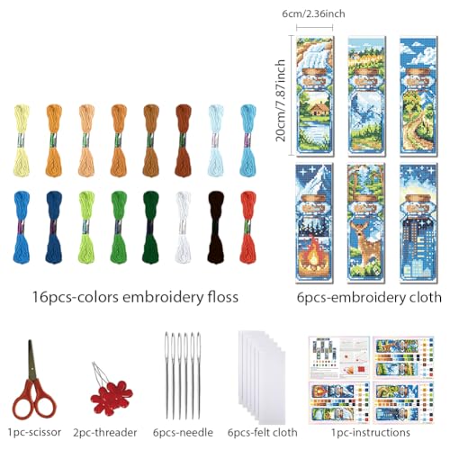 FREEBLOSS 6 Set Cross Stitch Bookmark Kit 11CT DIY Cross Stitch Kits Travel Bottle Pattern Stamped Embroidery Kit with Instructions Bookmark Making Set for Adult Beginners 8x2.4inch