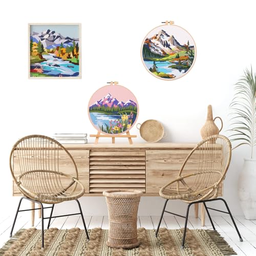 EOBTAIN 3 Sets Embroidery Kit for Beginners Adults Mountain Scene Hand Stamped Embroidery Practice Kits Cross Stitch Set with Embroidery Hoop,Needles and Threads,DIY Gifts at Home Embroidery Kit - color: Mountain