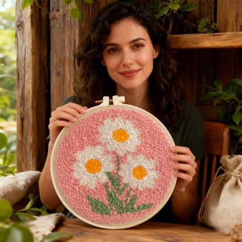 Punch Needle Kit for Beginners Adults-Flower Daisy,with Video Tutorial - color: Punch Needle kit with-1105-2