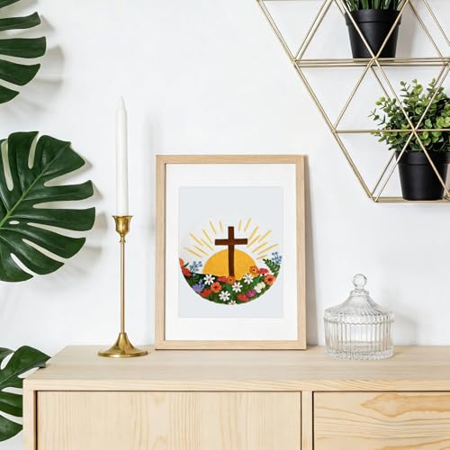 ElasignShopo Christian Embroidery Kit for Beginners Adults, Easy Cross Stitch Kit Easter Cross Jesus Pattern Embroidery Starter Kits with Wooden Hoop, Needles, Threads and Instruction Easter Gift - color: Flower Cross