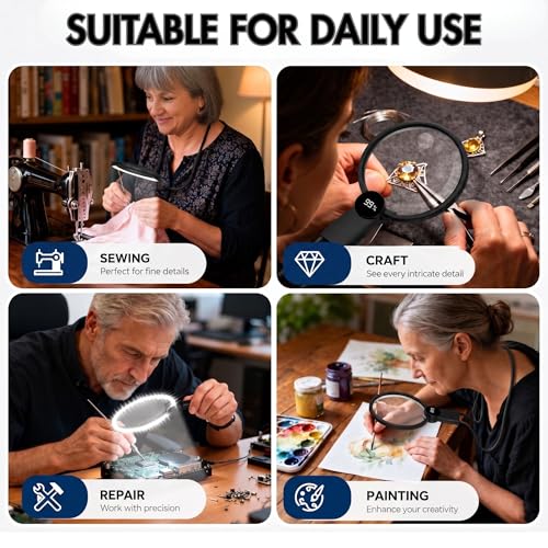 MAGNIPROS Hands-Free Magnifying Glass with Light for Seniors, 5X/10X Rechargeable GooseNeck Magnifier, 3 Color Light Modes, LCD Display, Reading, Sewing, Crafts