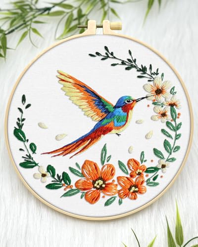 ERKOON Embroidery Kit for Beginners, Hummingbird and Flower Cross Stitch Set for Include Embroidery Cloth Hoops Threads for Craft Lover Hand Stitch (Colorful Hummingbird) - color: Colorful Hummingbird
