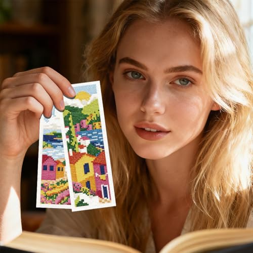 INFUNLY 6pcs Scenery Cross Stitch Bookmark Kit DIY Beach Stamped Embroidery Bookmark Kits 8.7×3.2" Mountain Needlepoint Kit with Instruction Town Easy Cross Stitch Kits for Book Lovers Readers - style: Scenery