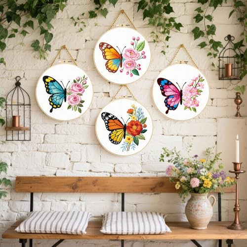 FREEBLOSS 4 Sets Embroidery Kit for Beginners Needlepoint Flower Butterfly Stamped Embroidery Starter Kit with Instructions, Needles, Threads, 2 Hoops 11.6"/29.5CM - style: Butterfly Flower