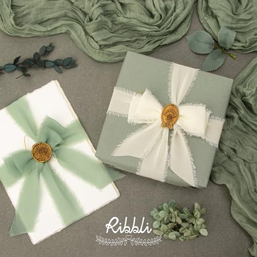 Ribbli Chiffon 1.5 Inch x 30 Yard Handmade Silk Ribbon - Ivory/Sage Green/Dusty Blue Fringe for Wedding Invitations, Bridal Bouquets, Wrapping, Flower Arrangement Decoration - color: Ivory/Sage Green/Dusty Blue