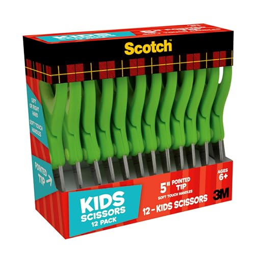 Scotch 5" Soft Touch Pointed Tip Kids Scissors, 12 Count Teacher's Pack - size: 12 count - blunt