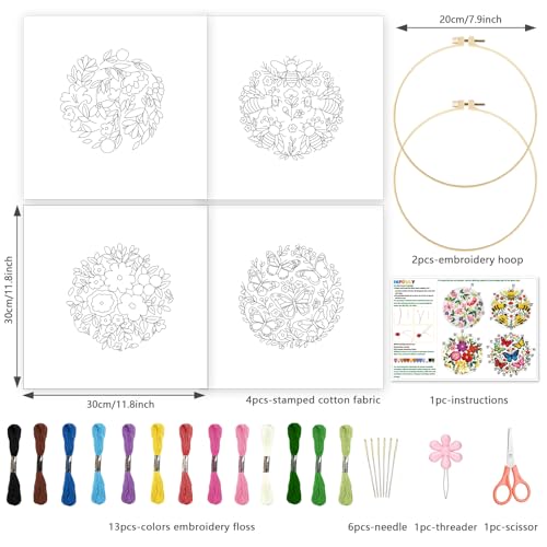 INFUNLY 4 Pack Pink Flowers Embroidery Starter Kit for Beginners Colorful Butterfly DIY Embroidery Kits for Adults Stamped Needlepoint Set with Step-by-Step Instructions Threads Craft Lover Gift - style: Pink Flowers
