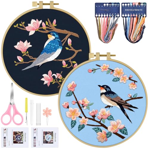 ERKOON Embroidery Kit for Beginners, 2 Set Floral Cross Stitch Set Include Embroidery Cloth Hoops Threads for Craft Lover Hand Stitch with Embroidery Skill Techniques (Bird) - color: Bird