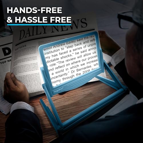 MagniPros 5X Large LED Hands-Free Full Page Magnifying Glass with Detachable Stand & 3 Color Light Modes to Reduce Eye Strain, Ideal for Reading Small Prints, Crafting, Low Vision & Seniors - color: Blue With Stand