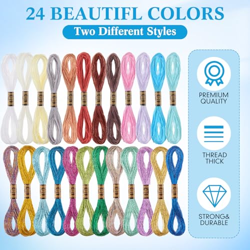 WILLBOND 24 Pcs Metallic & Cotton Embroidery Floss, 24 Vibrant Colors, Polyester Blend, 8.75 Yards Each, Ideal for Embroidery, Cross-Stitch, DIY Crafts - color: Vibrant Color