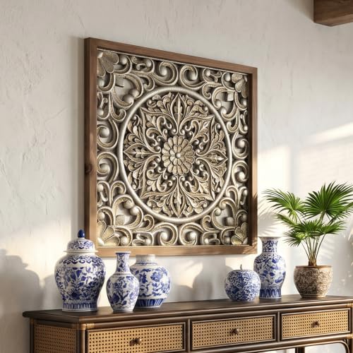XIAOAIKA Boho Carved Wood Wall Art Panel, Floral Mandala, Distressed Silver - color: Silver
