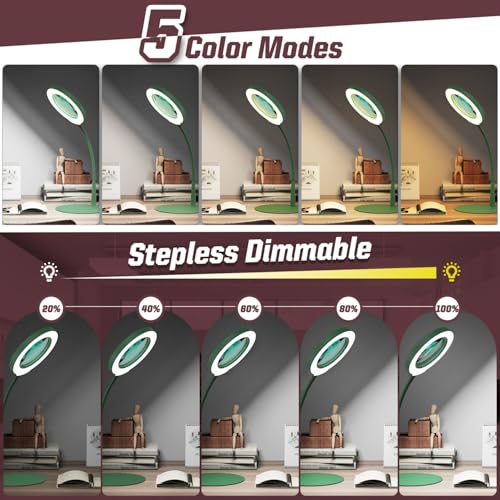10X Magnifying Glass with Light and Stand, 5 Color Modes Stepless Dimmable LED Lighted Desk Lamp, Hands Free Flexible Gooseneck Magnifier with Light for Craft Hobby Painting Close Work - Green - color: Green, size: 10X-12.6in