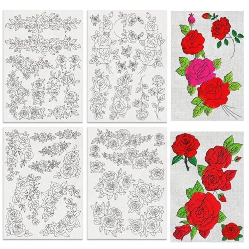 BENECREAT 4 Sheets Roses Sewing Embroidery Stabilizers, 42pcs Flowers Embroidery Paper with Pre-Printed Water Soluble Stabilizer for Embroidery Hand Sewing Lover Beginners - color: Roses
