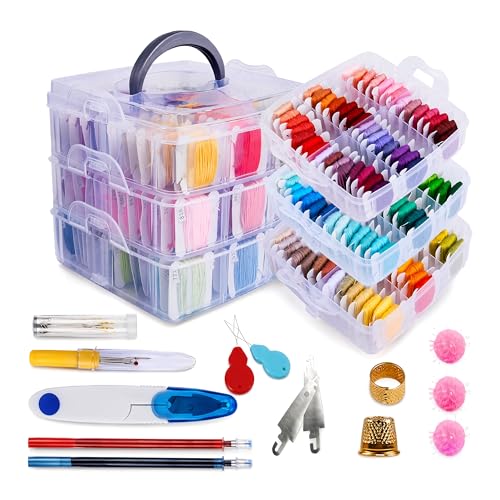 Huacan 194 Pcs Embroidery Thread Floss Kit Including 150 Colors 8 M/Pcs, 6-Strand Cotton Thread with 3-Tier Storage Box, Cross Stitch Thread Set with Tools