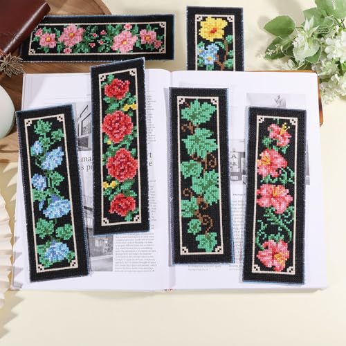 ORIGACH 6 Set Dark Floral & Vine Cross Stitch Bookmark Kit for Beginner - style: Floral and Vine