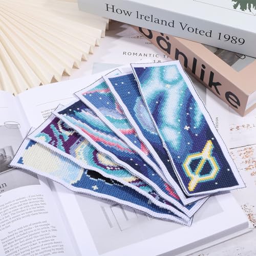 ORIGACH 6 Set Cross Stitch Bookmark Kit for Beginner Starry Sky Pattern DIY Stamped Embroidery Bookmark Kit with 20 Colors Embroidery Floss Instructions 8''x2.4'' - style: Starry Sky