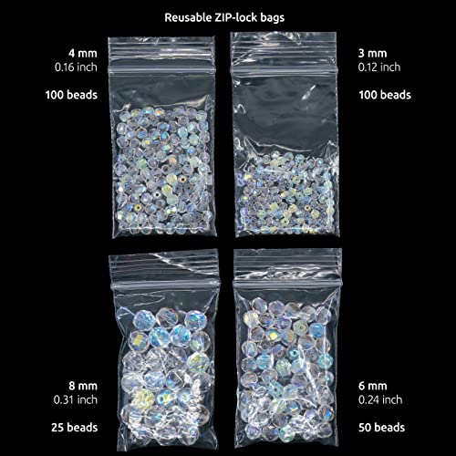 275 pcs Set of Czech Faceted Glass Beads, Fire-Polished Round Crystal AB - 3mm (100pcs), 4mm (100pcs), 6mm (50pcs), 8mm (25pcs) kit for Jewelry Making - color: Faceted, Crystal AB